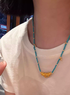新款古法黄金色小怪兽绿松石项链女小众时尚复古錾刻瑞兽项链