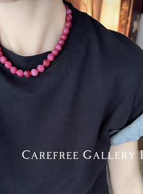 天然石英石颗颗打结串珠项链玫红色高级百度锁骨链质感颈链女