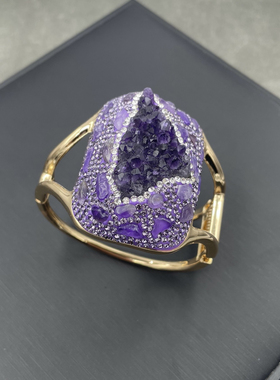 新款天然原矿紫晶镶嵌手镯欧美个性时尚原石保色手环