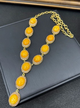 新款二代蜜蜡手工镶嵌夸张重工套装个性风中古高级满钻项链戒指