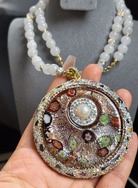 干花琉璃点缀珍珠贝壳珠链搭配彩色吊坠碧玺彩虹毛衣链厂家批发