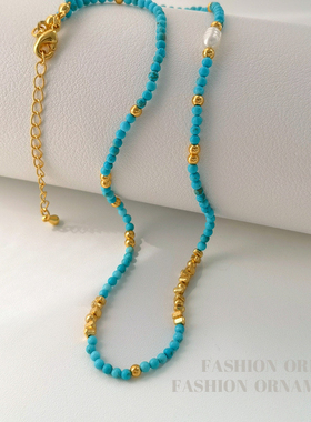 原创高级感小众天然石串珠老钱风项链女轻奢时尚蝴蝶颈链蓝色