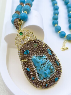 蓝色松石异形镶嵌毛衣链项链手工个性捷克钻轻奢风饰品