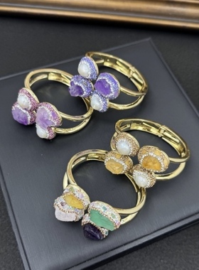 新款天然巴洛克珍珠原石手镯欧美小众不规则水晶首饰开口手环货源