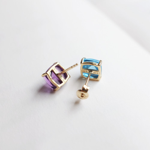 薰衣草和雪山。9K金紫水晶/瑞士蓝托帕石糖塔不对称撞色耳钉。 - 图1