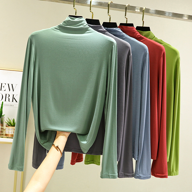 2025春秋薄款洋气莫代尔半高领打底衫女内搭大码长袖秋冬百搭上衣 - 图0