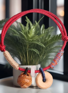 保真老桃木桃篮平安扣手串本命年红绳成人孩子情侣平安手工礼物