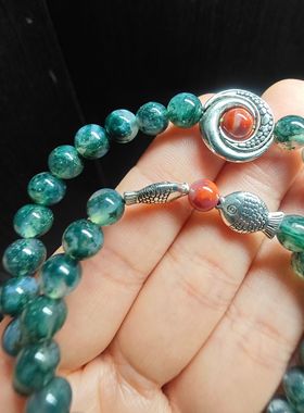 纯天然绿水草玛瑙手串女平安锁檀木串珠珠子转运水晶手链ins小众