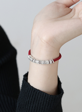 999足银盘缠手绳纯银手链本命年红绳手串情侣手饰女手镯银饰礼物