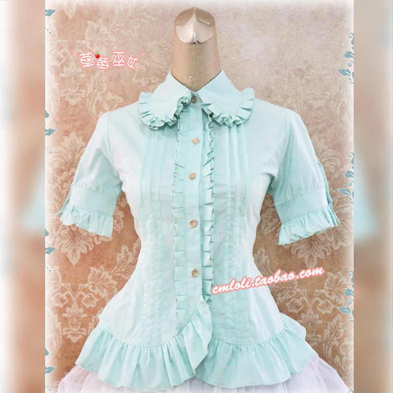 草莓巫女Lolita洛丽塔 钢琴褶娃娃翻领短袖衬衣 全棉可换雪纺 - 图0