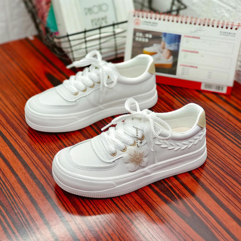 人本皮面小白鞋女2024年春季学生帆布鞋女ins休闲板鞋女百搭圆头 - 图2