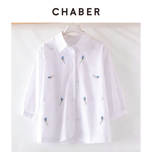 CHABER巧帛春季新款刺绣镂空七分袖纯棉上衣时尚文艺减龄女士衬衫 - 图0