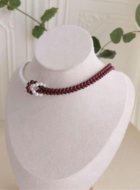 双层珍珠打结短款锁骨项链