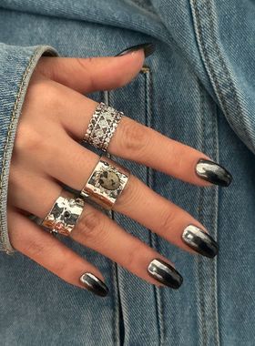 情侣银色宽关节戒指套装嘻哈