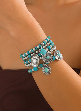 欧美跨境饰品波西米亚仿松石复古手串套装设计感个性串珠手链