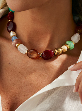 欧美跨境民族风晕染不规则串珠项饰品 复古美拉德锁骨仿珍珠项链