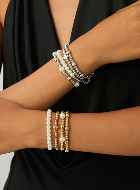 希音temu热销时尚仿珍珠CCB串珠手串套装欧美风简约女士手链