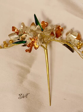 兰纳花簪铜泰国金花传统发簪