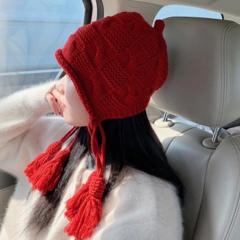 秋冬季保暖防寒毛线帽红色流苏针织帽女出游镂空毛线帽显脸小帽子,淘宝优惠券,粉丝福利购,淘宝优惠卷