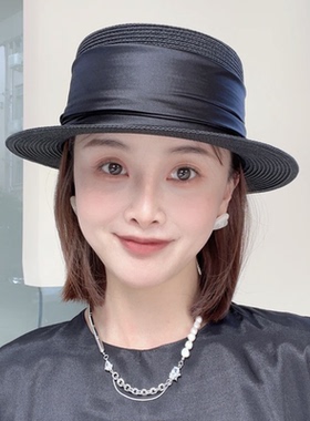 防晒帽子平顶女士草编遮阳