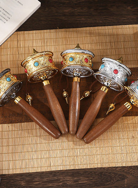 西藏旅拍纪念品四色手摇转金轮藏族手持手转金筒六字真言转简经纶