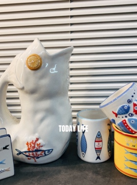 外贸尾单 地中海洋海鲜系列 小鱼浮雕彩绘 陶瓷花瓶 水杯装饰摆件