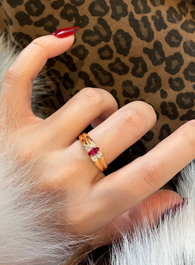 复古马眼红宝石蝴蝶造型金戒指女