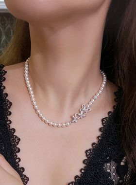 复古法式镶钻蝴蝶珍珠项链锁骨链