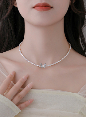 法式淡水珍珠蝴蝶洋气锁骨链