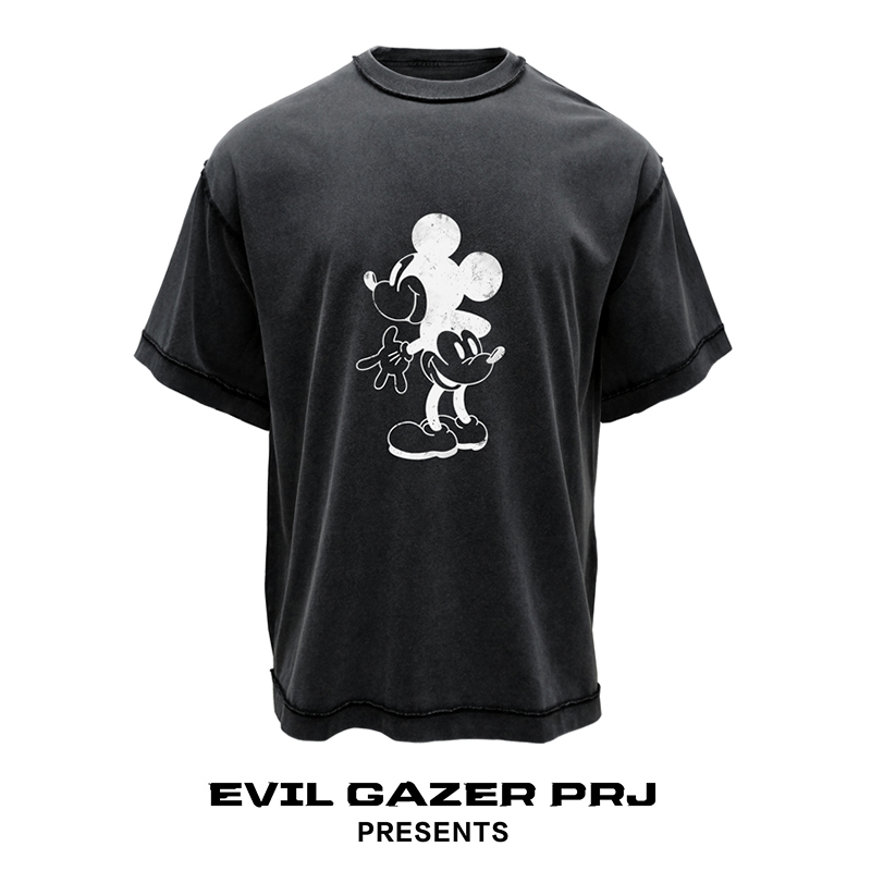 EVIL GAZER 复古水洗做旧黑色new vintage米奇印花宽松短袖T恤男 - 图1