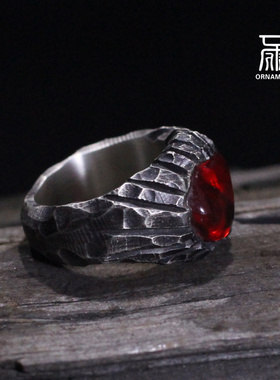 石榴石戒指手工镶嵌纯银陨石坑
