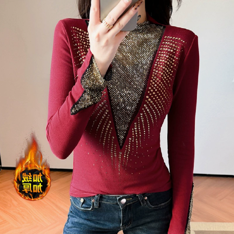 YX-895秋冬加厚保暖磨毛V领镶钻修身显瘦设计感半高领打底衫女,淘宝优惠券,粉丝福利购,淘宝优惠卷