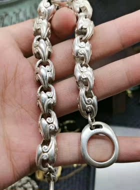 老旧白铜镀银铸造雕刻手链嘻哈风