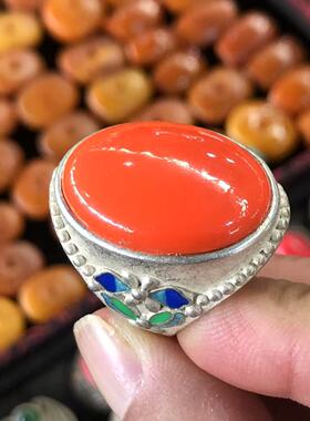 古玩古风珊瑚戒面民族戒指老银镶嵌霸气男款藏族开口扳指饰品