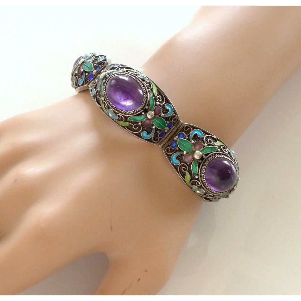 Chinese retro aged cloisonné jewelry open ring bracelet set with stones ethnic style literary trend accessories set