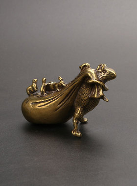 黄铜老鼠汽车摆件铜鼠五鼠运财黄金袋鼠创意家居工艺品铜茶宠摆件