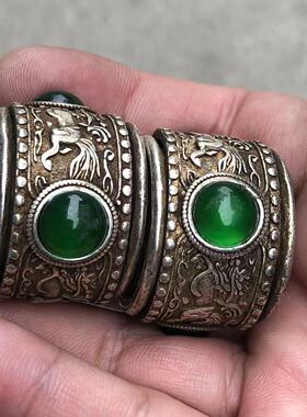 古玩扳指复古白铜镀银镶嵌宝石男士可转动戒指藏银苗银银器饰品