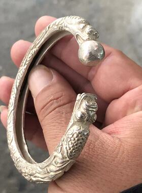 仿古做旧白铜镀银双龙戏珠手镯手环复古开口首饰工艺礼品