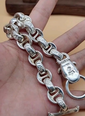 做旧白铜镀银苗族银手工雕刻925银狗头银链手链男女霸气银饰手镯