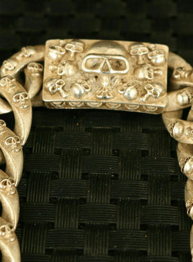 老旧白铜手工铸造骷颅头雕像手链男人手镯个性嘻哈风民族风骷髅