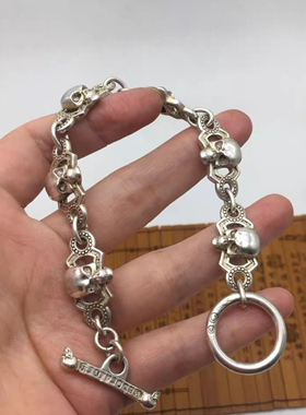 男款纯手工925银手链骷颅头白铜镀银手镯超霸气藏银苗银手链