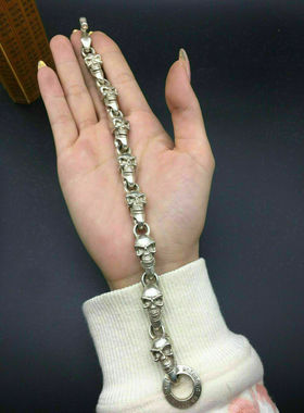 做旧白铜手工铸造苗银手链男人手镯个性嘻哈风民族风骷髅头银饰