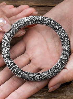 云南手工雪花银手镯男款个性复古穿云龙纹全龙纯银手环手镯民族风