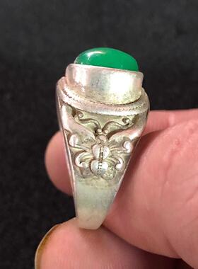 古玩杂项复古绿色玉戒指 藏银镶嵌男款可伸缩绿色玉戒指一件代发
