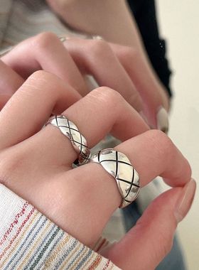 新客立减银瑞泰s925纯银轻奢复古菱格戒指女简约小香风网红不褪色