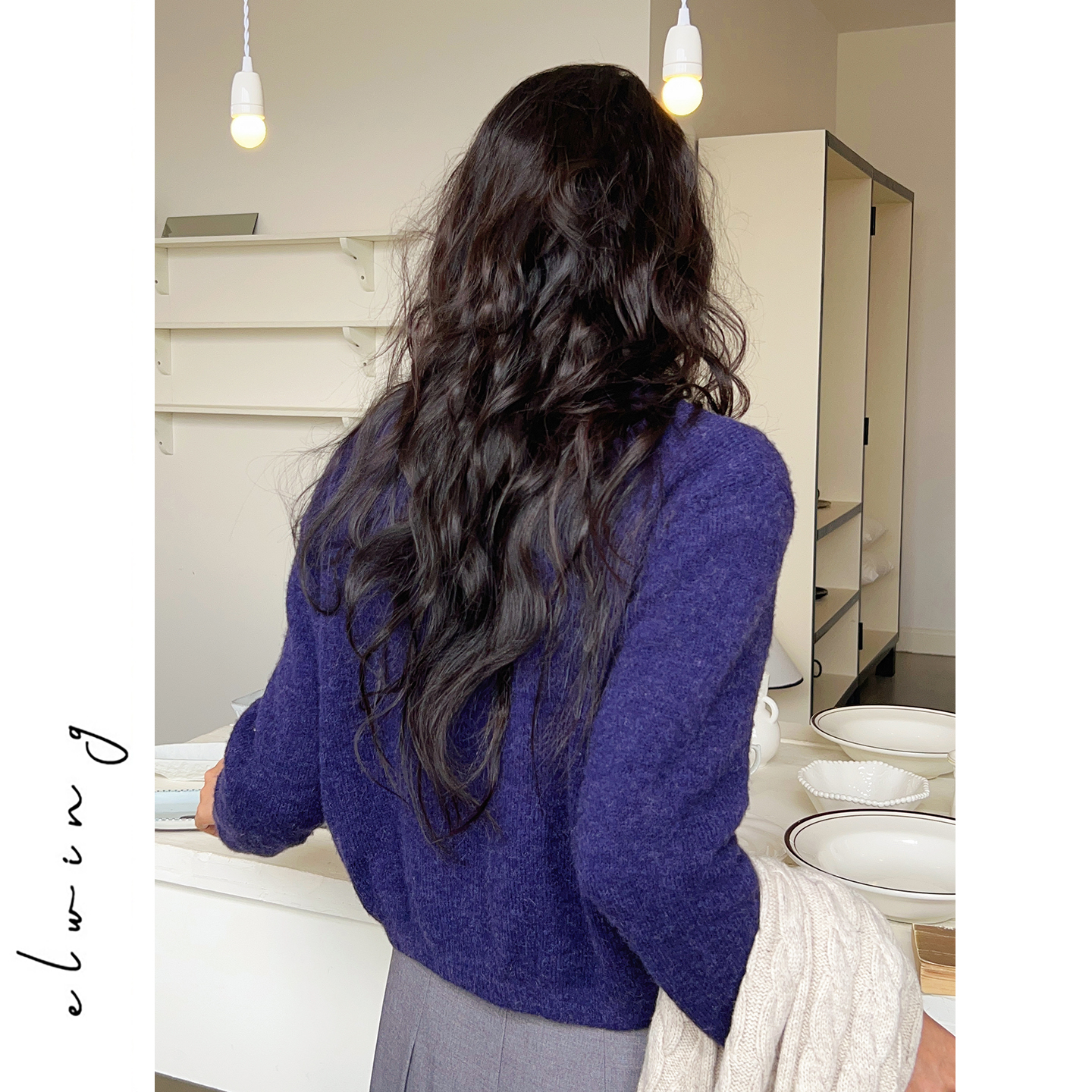 Elwing原创羊驼毛羊毛蓬松柔软保暖圆领针织开衫