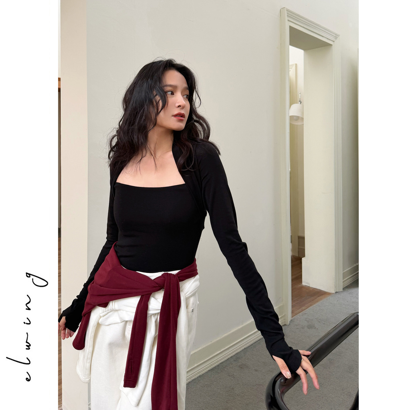 Elwing原创复古天丝羊毛针织衫假两件显瘦修身方领长袖打底衫上衣,淘宝优惠券,粉丝福利购,淘宝优惠卷