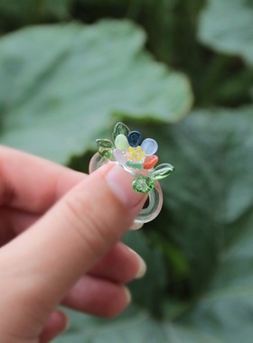 淄博琉璃月亮戒指原创设计玻璃桂花梨花手工小众饰品 拍照网红