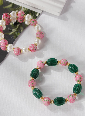 淄博老琉璃手串手工烧制雪巴珠子中古琉璃手链粉蛙皮绿点翠手串