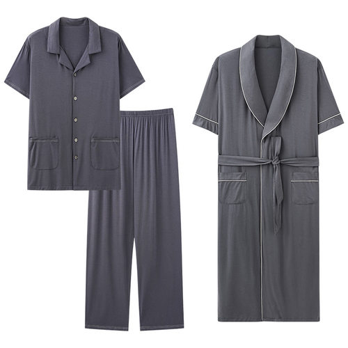 莫代尔三件套睡衣男睡袍夏季短袖长裤男士春秋棉绸浴袍大码家居服 - 图3